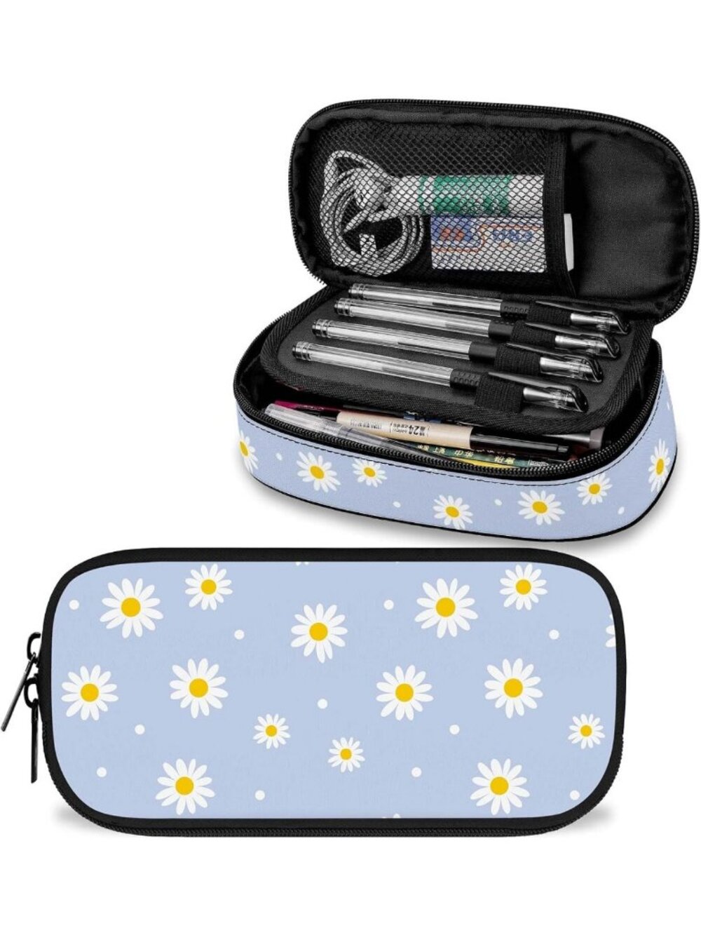 Cute Blue Daisy Flower Large Pencil Case | Stylish Pouch for Kids & Teens
